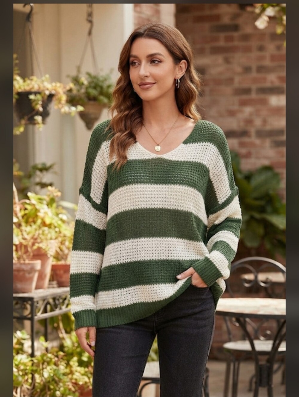 Forest Green & White Striped V-Neck Oversized Drop Shoulder Knit Sweater Size Lg